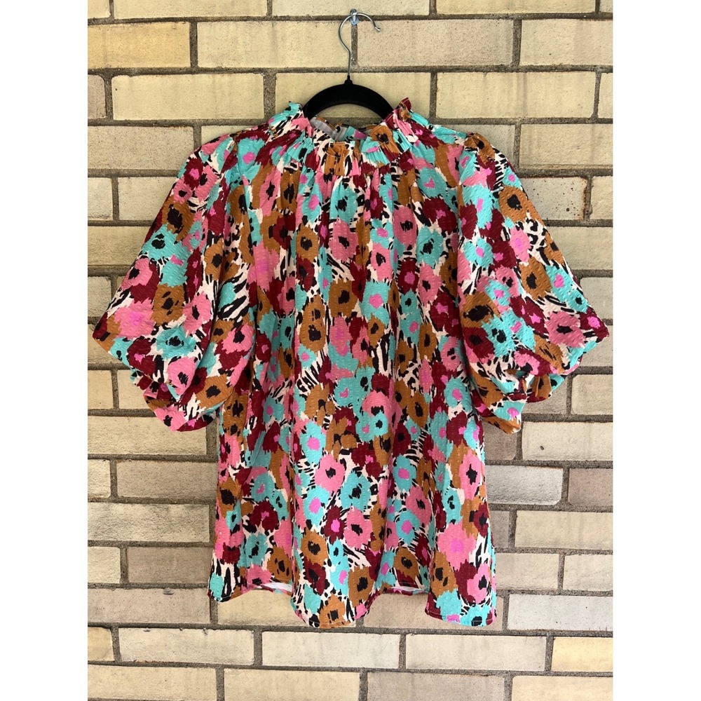 THML Floral Puff Sleeve Mock Neck Button Back Blouse Size Medium Pink Blue Brown